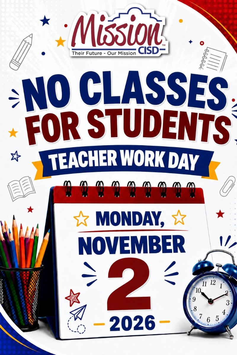 Calendar graphic announcing "No classes for students, Teacher Work Day, Monday, November 2, 2026.